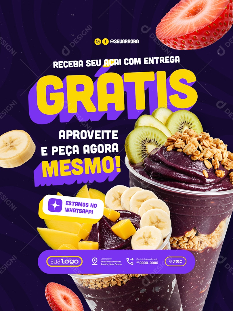 Açaiteria Receba seu Açaí com Entrega Grátis Social Media PSD Editável
