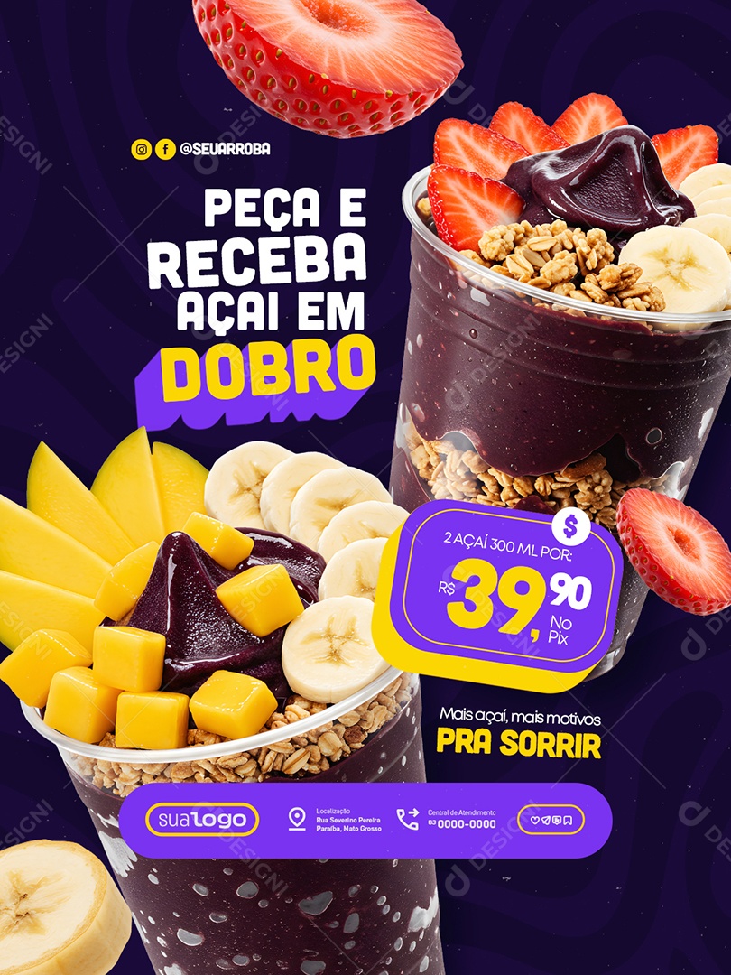 Açaiteria Peça e Receba Açaí em Dobro Social Media PSD Editável
