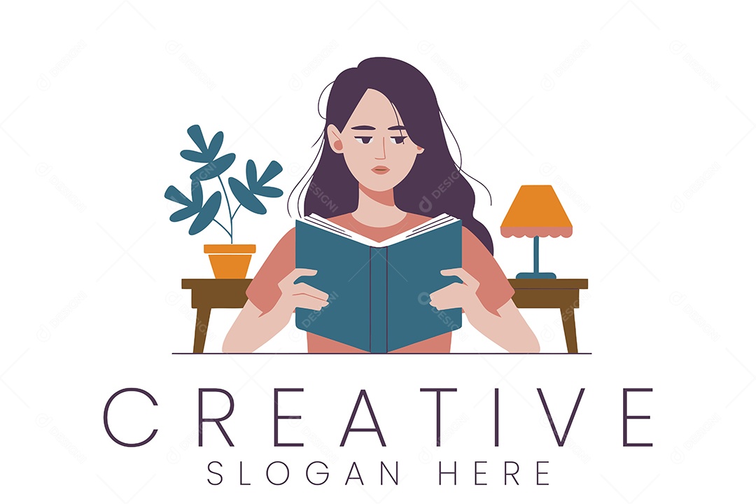 Mulher Lendo Livro Design Minimalista Simples Logotipo Ilustração Vetor EPS + AI Editável