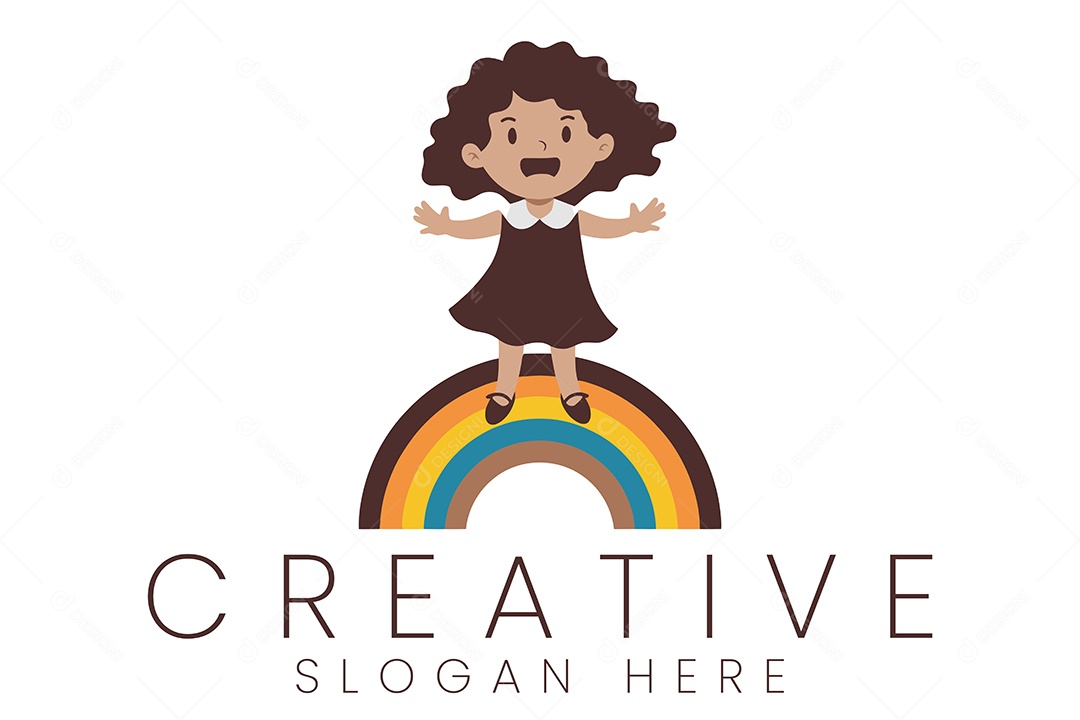 Garota Adorável de Pé no Arco Iris Logotipo Ilustração Vetor EPS + AI Editável