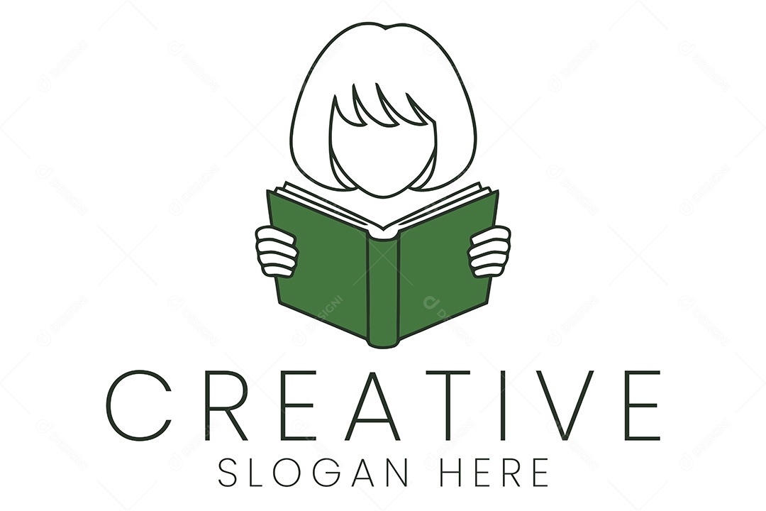 Mulher Lendo Livro Verde Design Minimalista Simples Logotipo Ilustração Vetor EPS + AI Editável