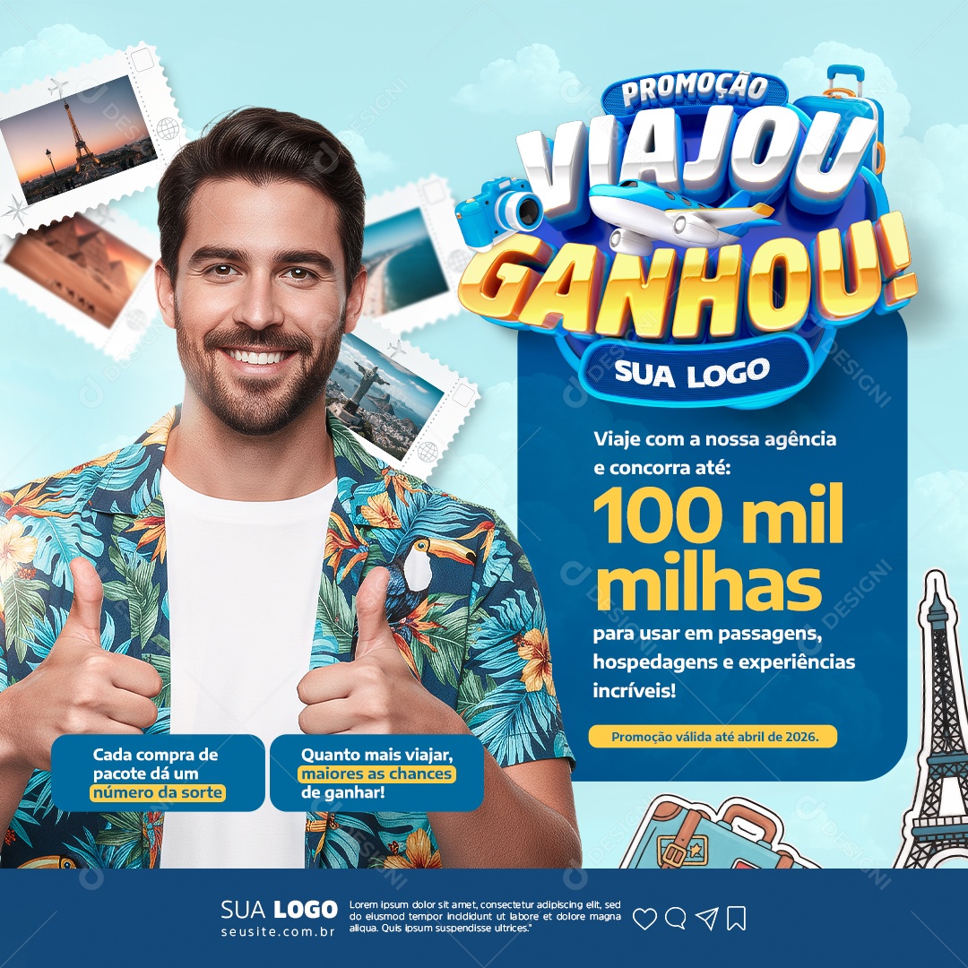 Agência de Viagens Promoção Viajou Ganhou Viaje Com a Nossa Agência Social Media PSD Editável