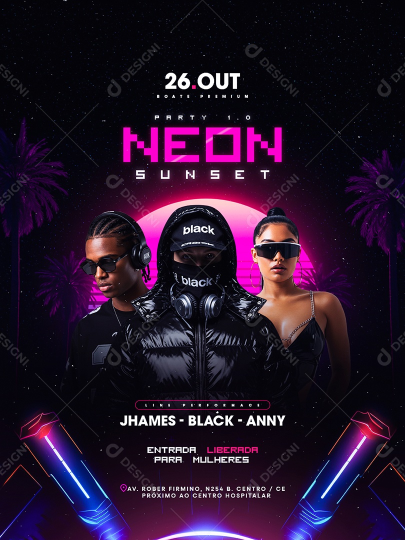 Flyer Próximos Shows Party Neon Sunset Social Media PSD Editável