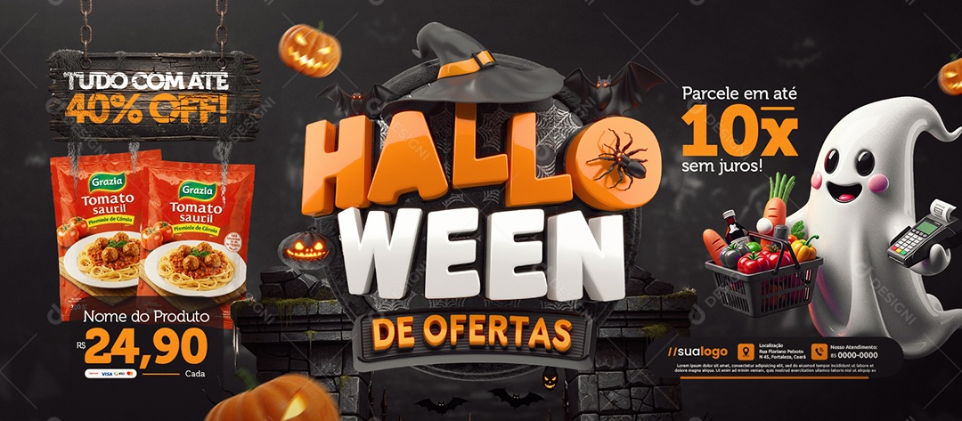 Banner Halloween de Ofertas Supermercado Extrato de Tomate Social Media PSD Editável