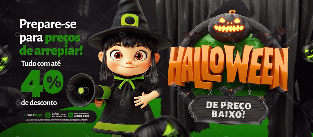 Banner Halloween de Preço Baixo Supermercado Tudo com Até 40% de Desconto Social Media PSD Editável