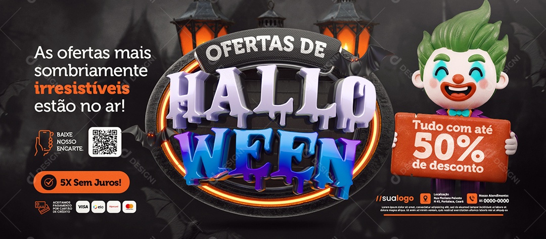 Banner Ofertas de Halloween Supermercado Tudo com Até 50% de Desconto Social Media PSD Editável