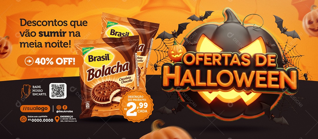 Banner Ofertas de Halloween Supermercado Descontos 40% Off Social Media PSD Editável