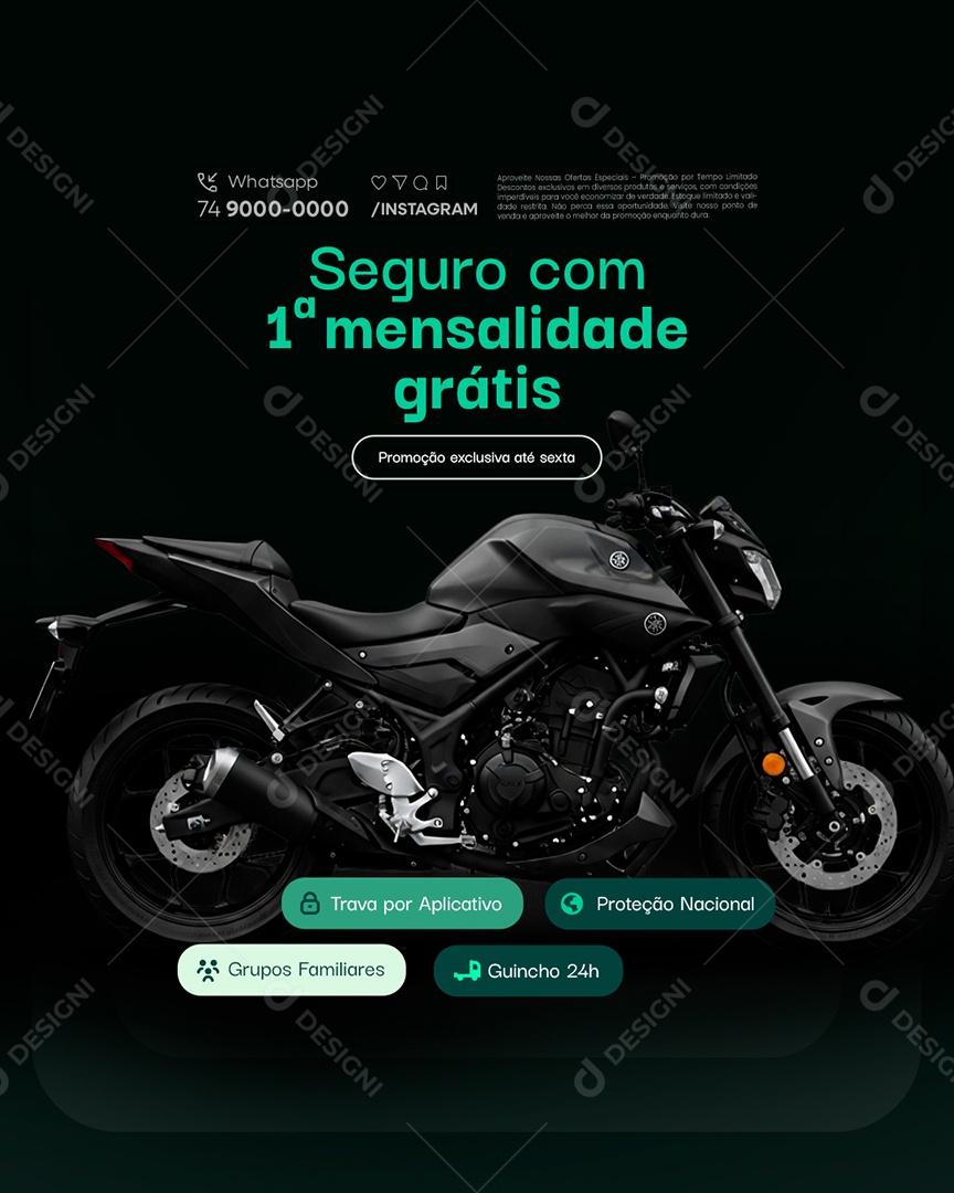 Seguradora Seguro com Primeira Mensalidade Grátis Moto Social Media PSD Editável