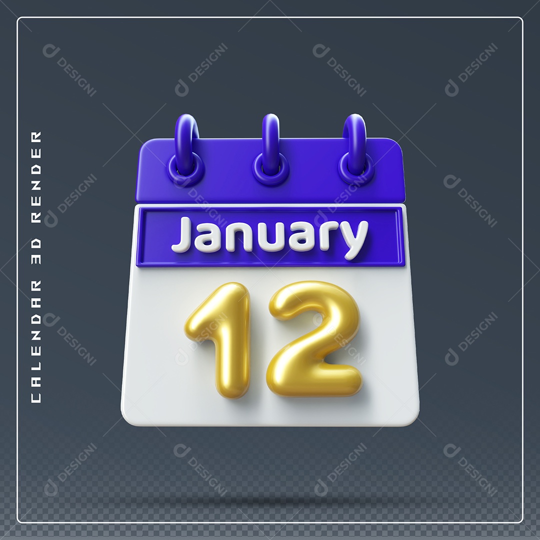 Calendário Do mês Janeiro Dia 12 Elemento 3D Azul Dourado E Branco Para Composição PSD