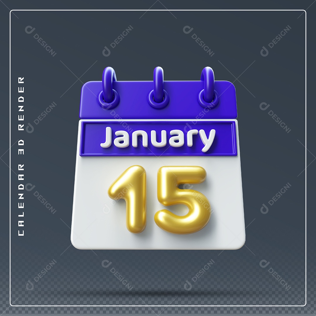 Calendário Do mês Janeiro Dia 15 Elemento 3D Azul Dourado E Branco Para Composição PSD