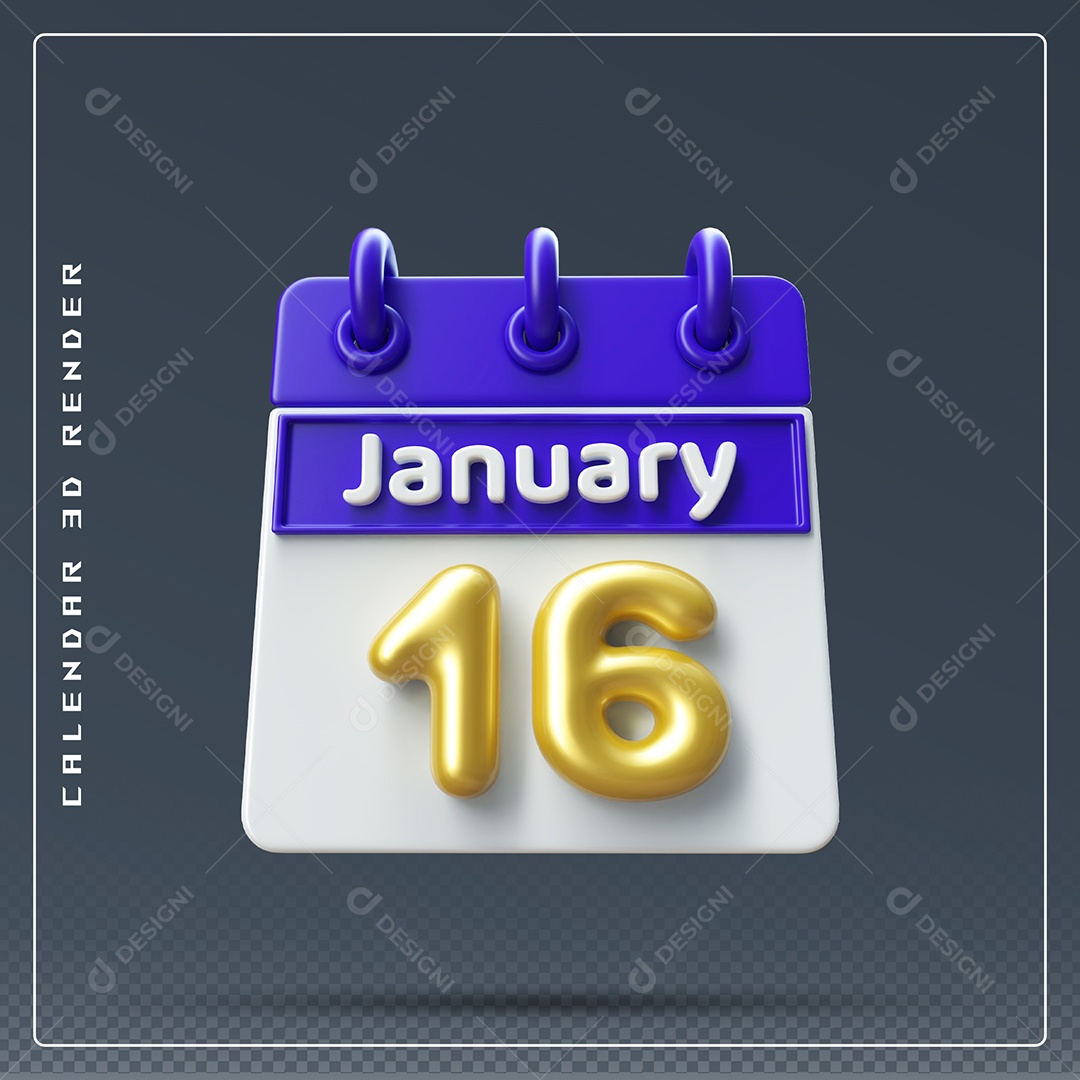 Calendário Do mês Janeiro Dia 16 Elemento 3D Azul Dourado E Branco Para Composição PSD