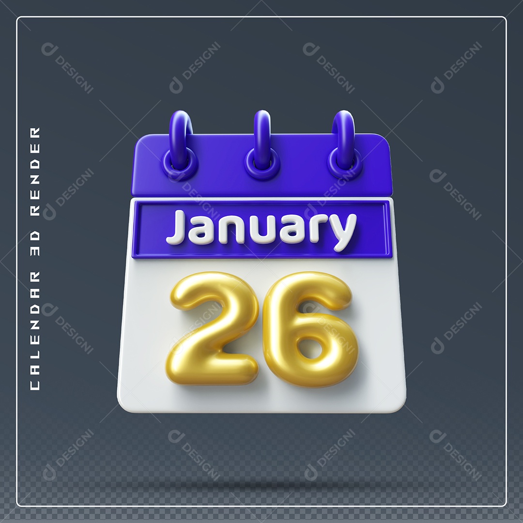 Calendário Do mês Janeiro Dia 26 Elemento 3D Azul Dourado E Branco Para Composição PSD