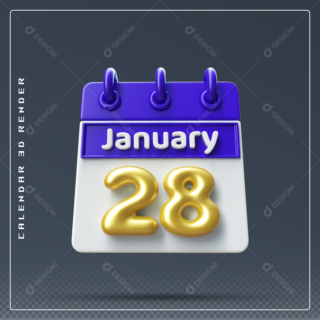 Calendário Do mês Janeiro Dia 28 Elemento 3D Azul Dourado E Branco Para Composição PSD