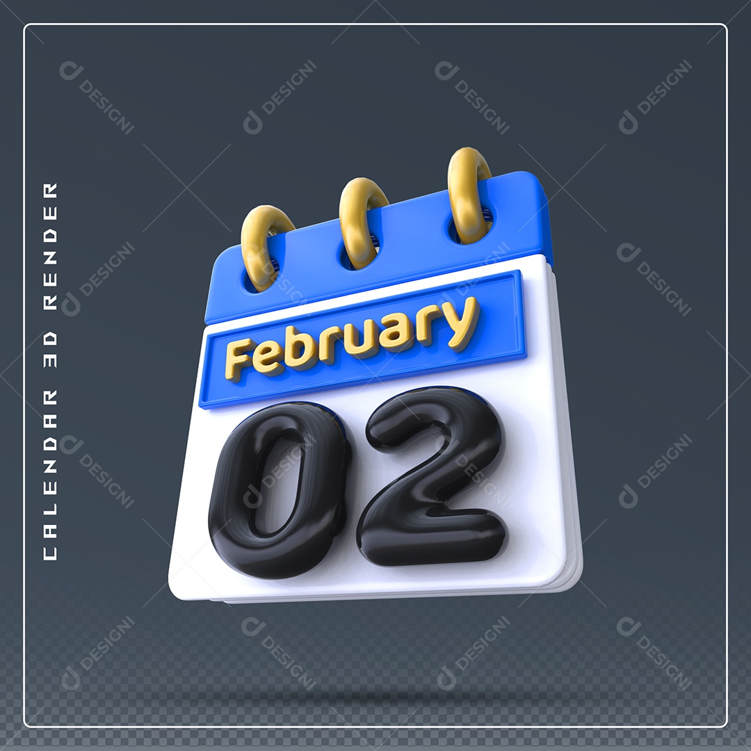 Calendário Do mês Fevereiro Dia 02 Elemento 3D Azul Dourado Branco E Preto Para Composição PSD