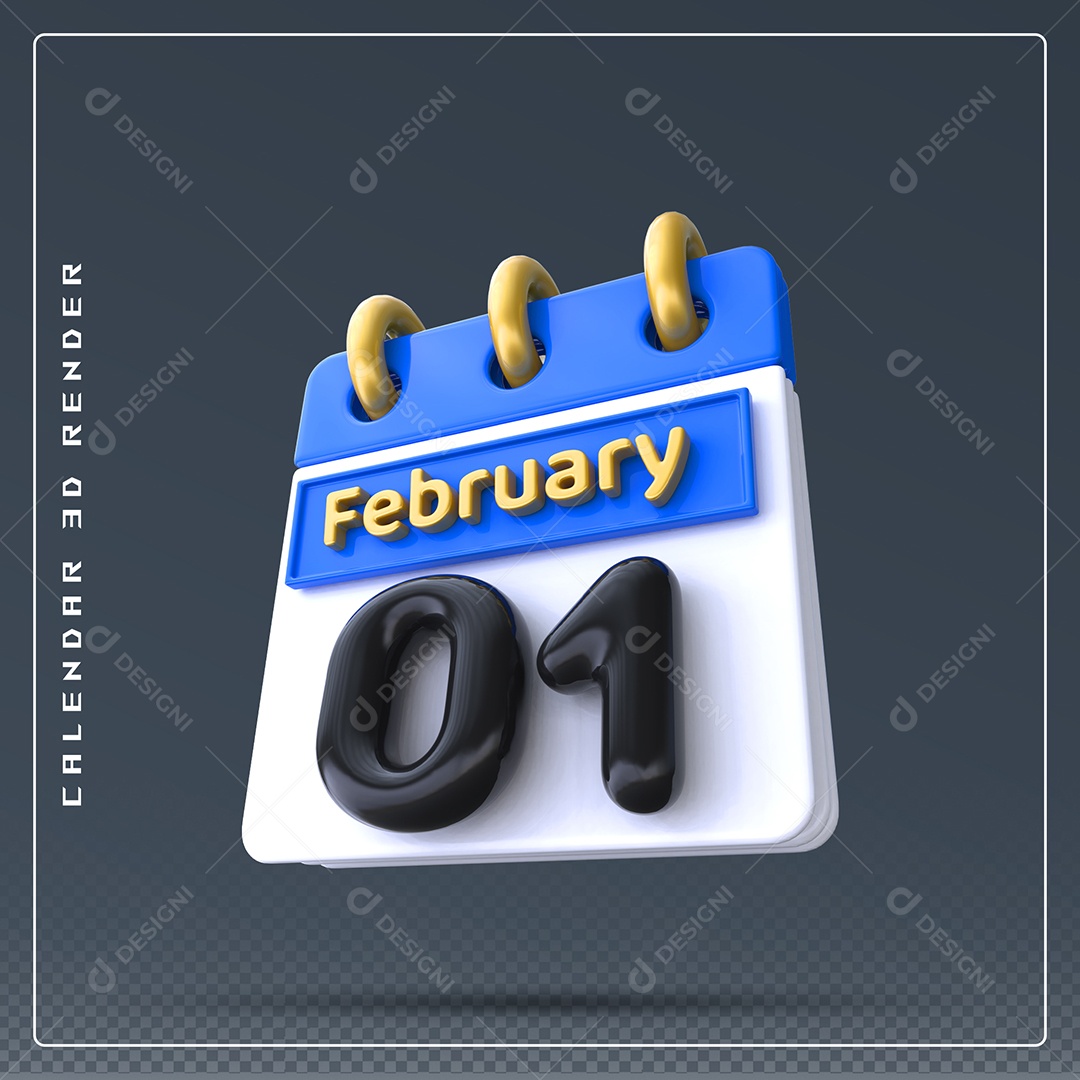Calendário Do mês Fevereiro Dia 01 Elemento 3D Azul Dourado Branco E Preto Para Composição PSD