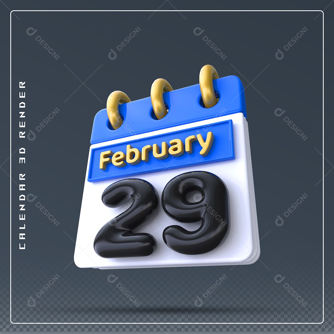 Calendário Do mês Fevereiro Dia 19 Elemento 3D Azul Dourado Branco E Preto Para Composição PSD
