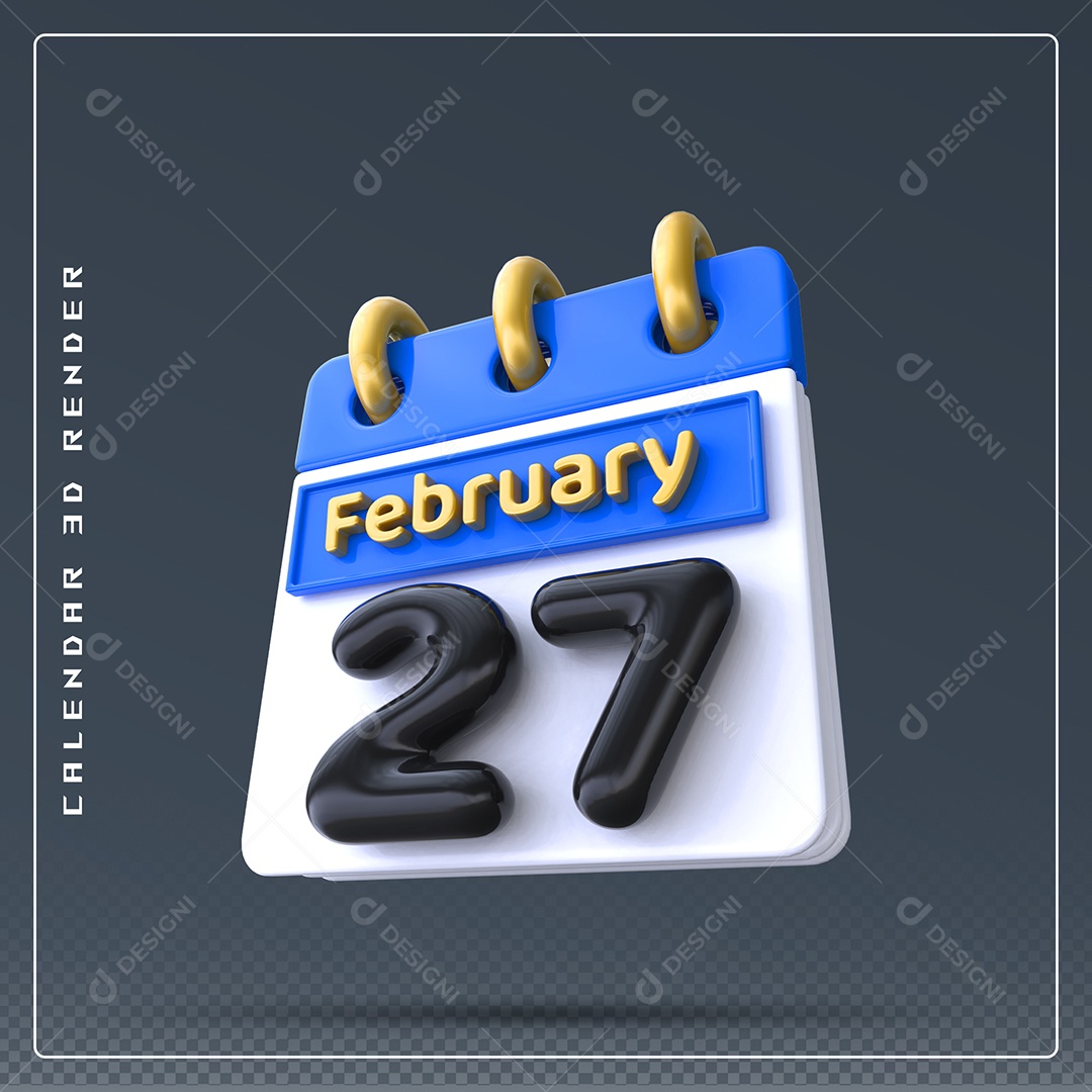 Calendário Do mês Fevereiro Dia 27 Elemento 3D Azul Dourado Branco E Preto Para Composição PSD