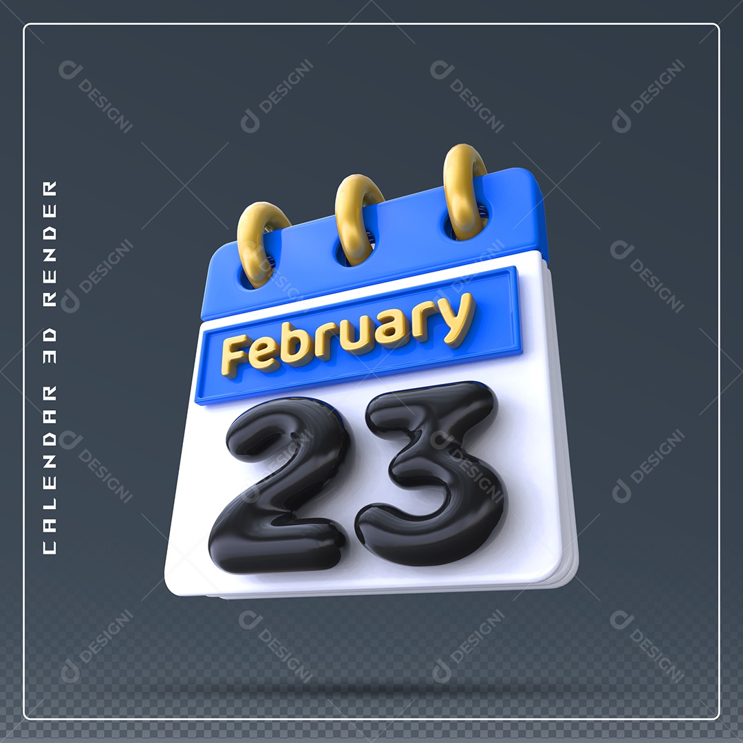 Calendário Do mês Fevereiro Dia 23 Elemento 3D Azul Dourado Branco E Preto Para Composição PSD