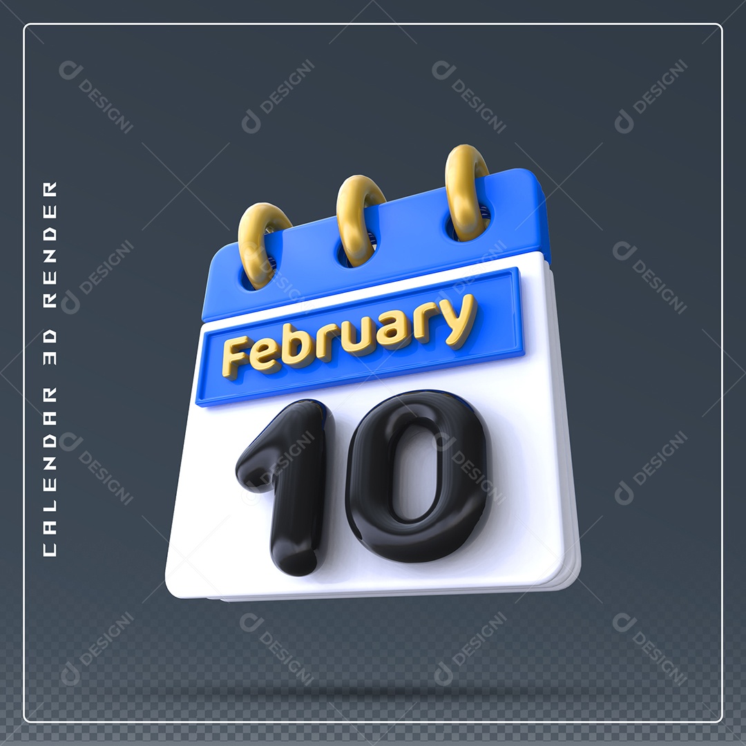 Calendário Do mês Fevereiro Dia 10 Elemento 3D Azul Dourado Branco E Preto Para Composição PSD