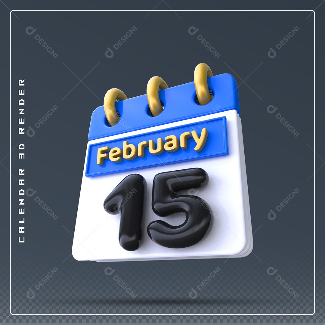 Calendário Do mês Fevereiro Dia 15 Elemento 3D Azul Dourado Branco E Preto Para Composição PSD