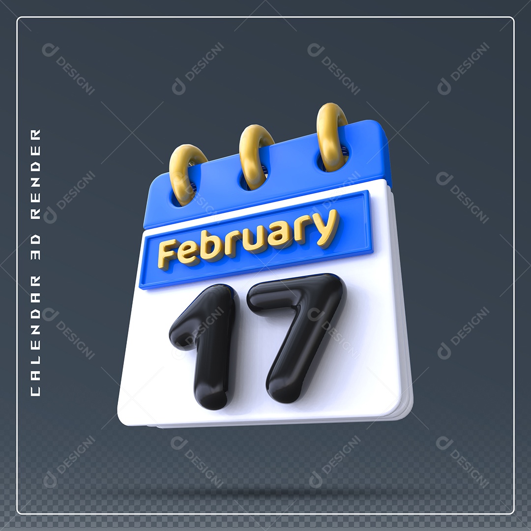 Calendário Do mês Fevereiro Dia 17 Elemento 3D Azul Dourado Branco E Preto Para Composição PSD
