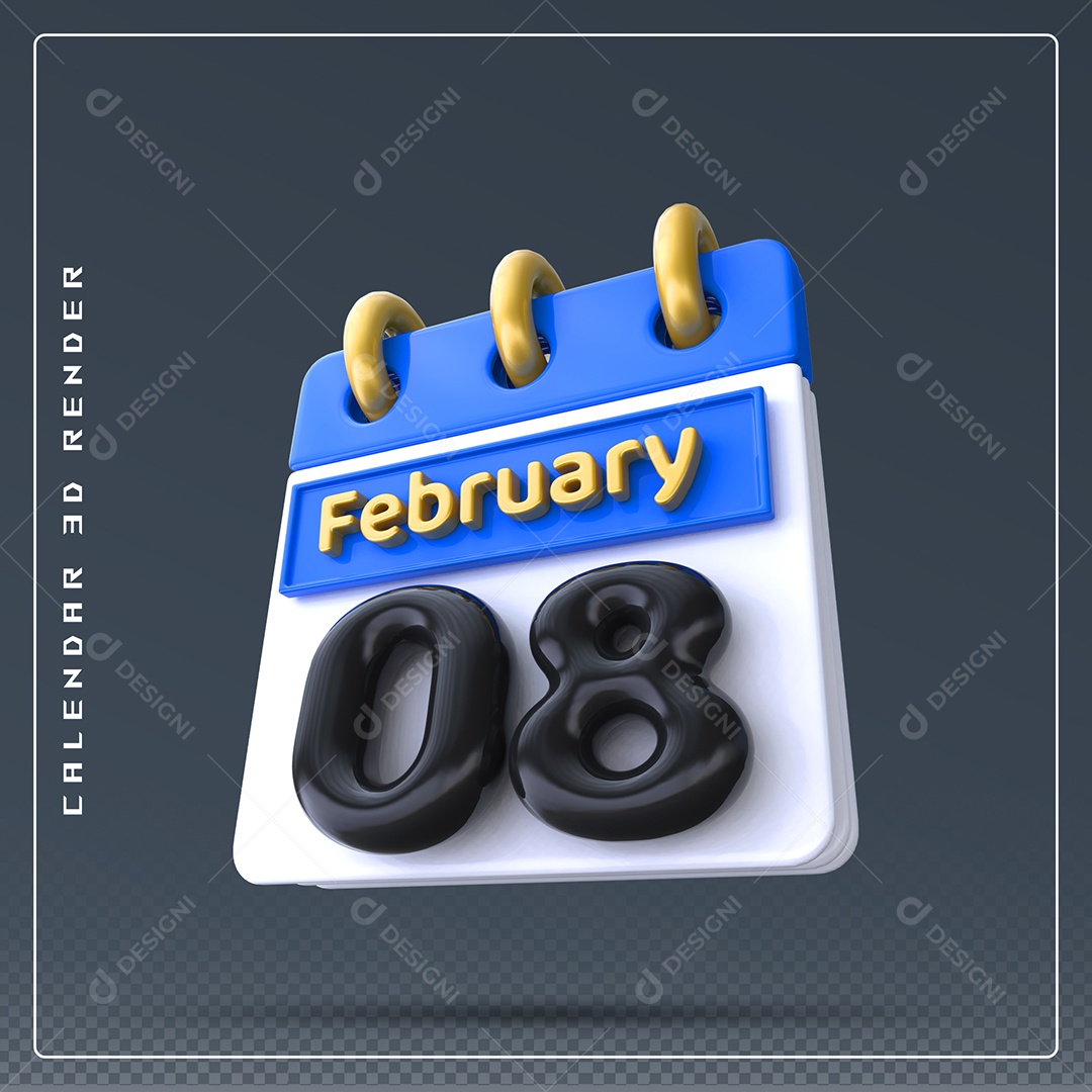 Calendário Do mês Fevereiro Dia 08 Elemento 3D Azul Dourado Branco E Preto Para Composição PSD