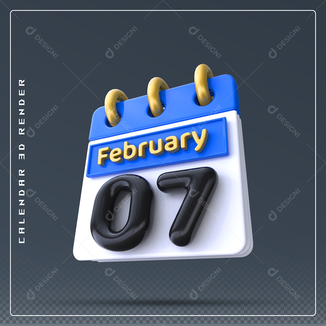 Calendário Do mês Fevereiro Dia 07 Elemento 3D Azul Dourado Branco E Preto Para Composição PSD