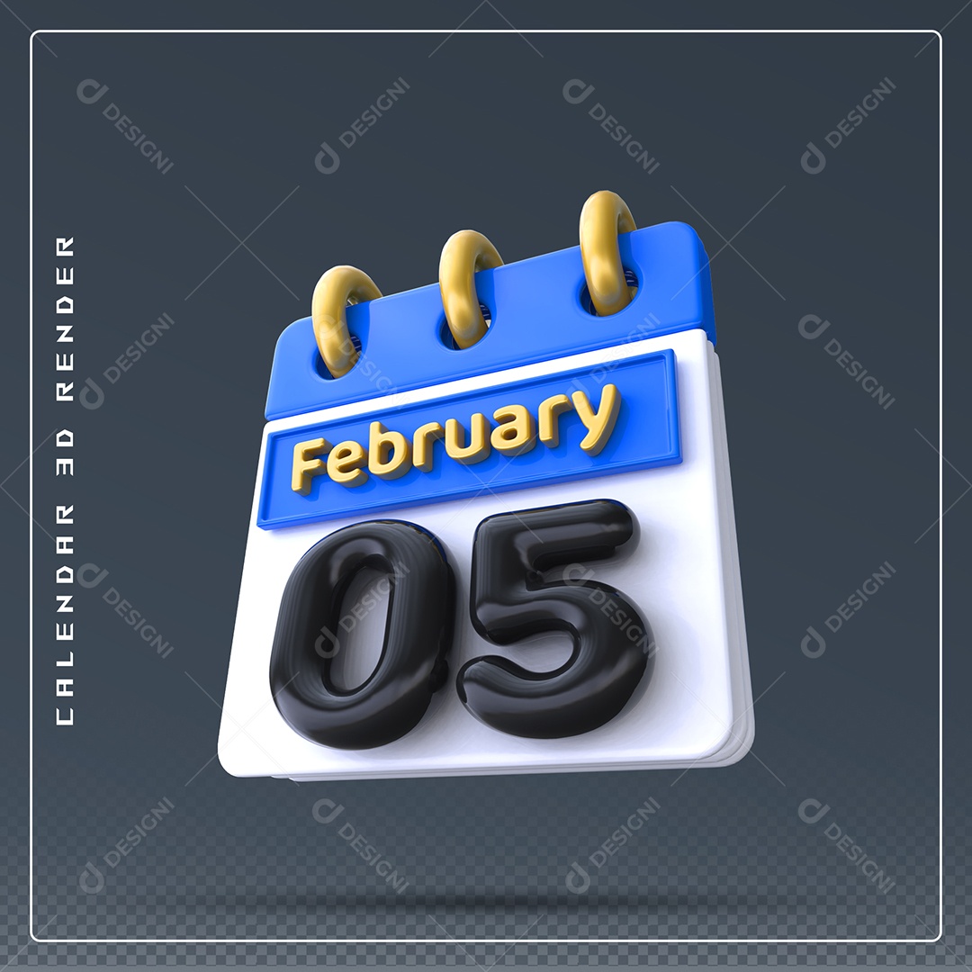 Calendário Do mês Fevereiro Dia 05 Elemento 3D Azul Dourado Branco E Preto Para Composição PSD