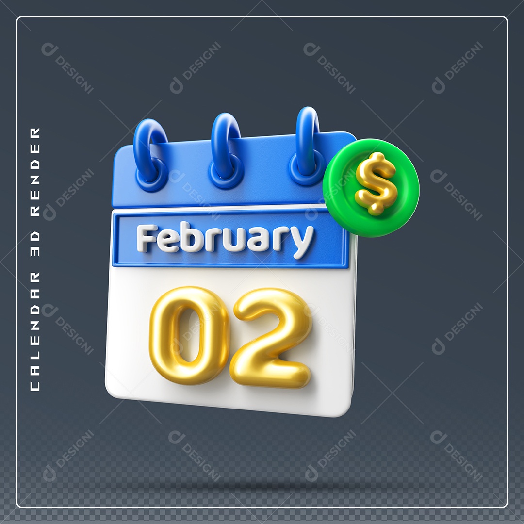 Calendário Do mês Fevereiro Dia 02 Elemento 3D Azul Dourado E Branco Para Composição PSD