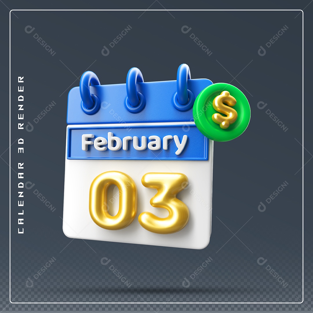 Calendário Do mês Fevereiro Dia 03 Elemento 3D Azul Dourado E Branco Para Composição PSD