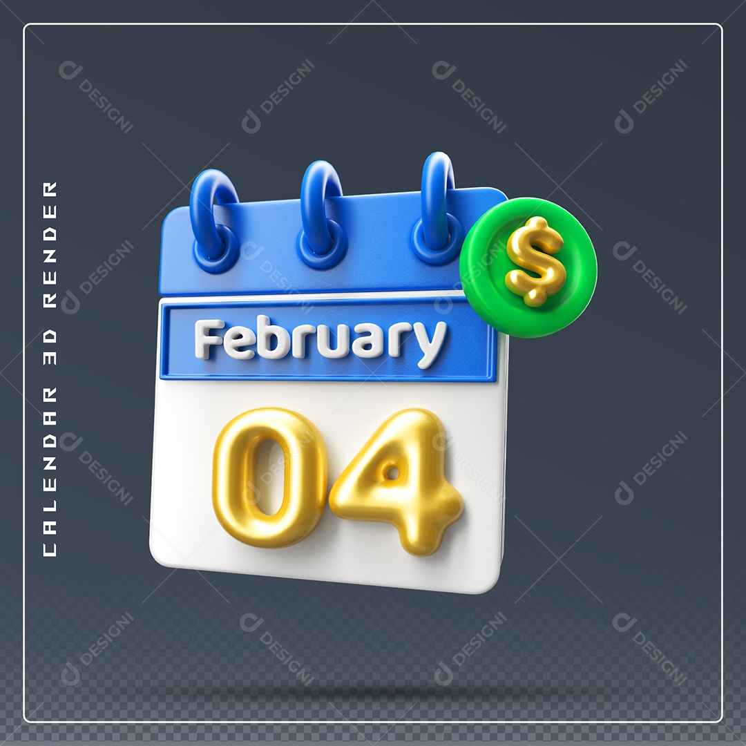 Calendário Do mês Fevereiro Dia 04 Elemento 3D Azul Dourado E Branco Para Composição PSD