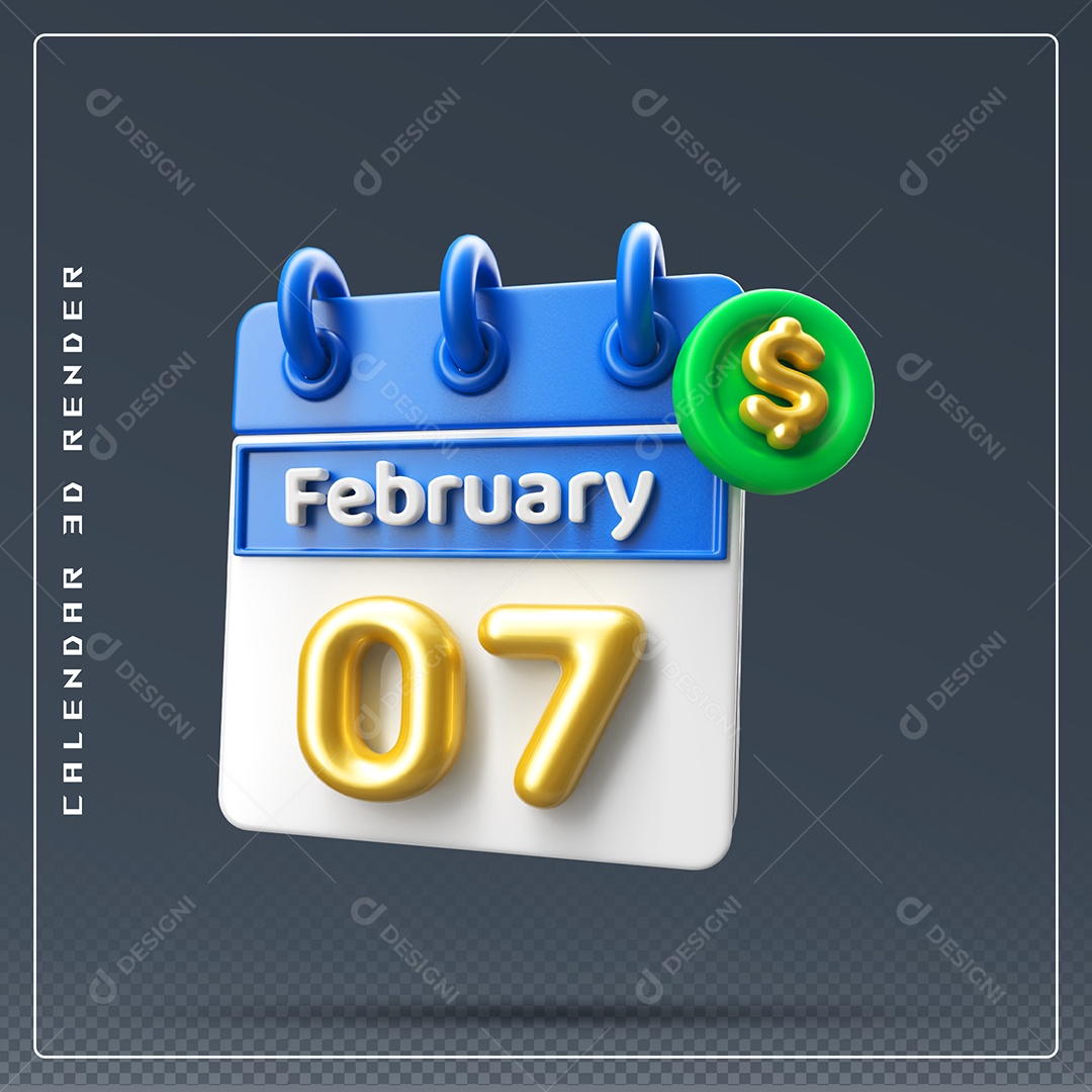 Calendário Do mês Fevereiro Dia 07 Elemento 3D Azul Dourado E Branco Para Composição PSD