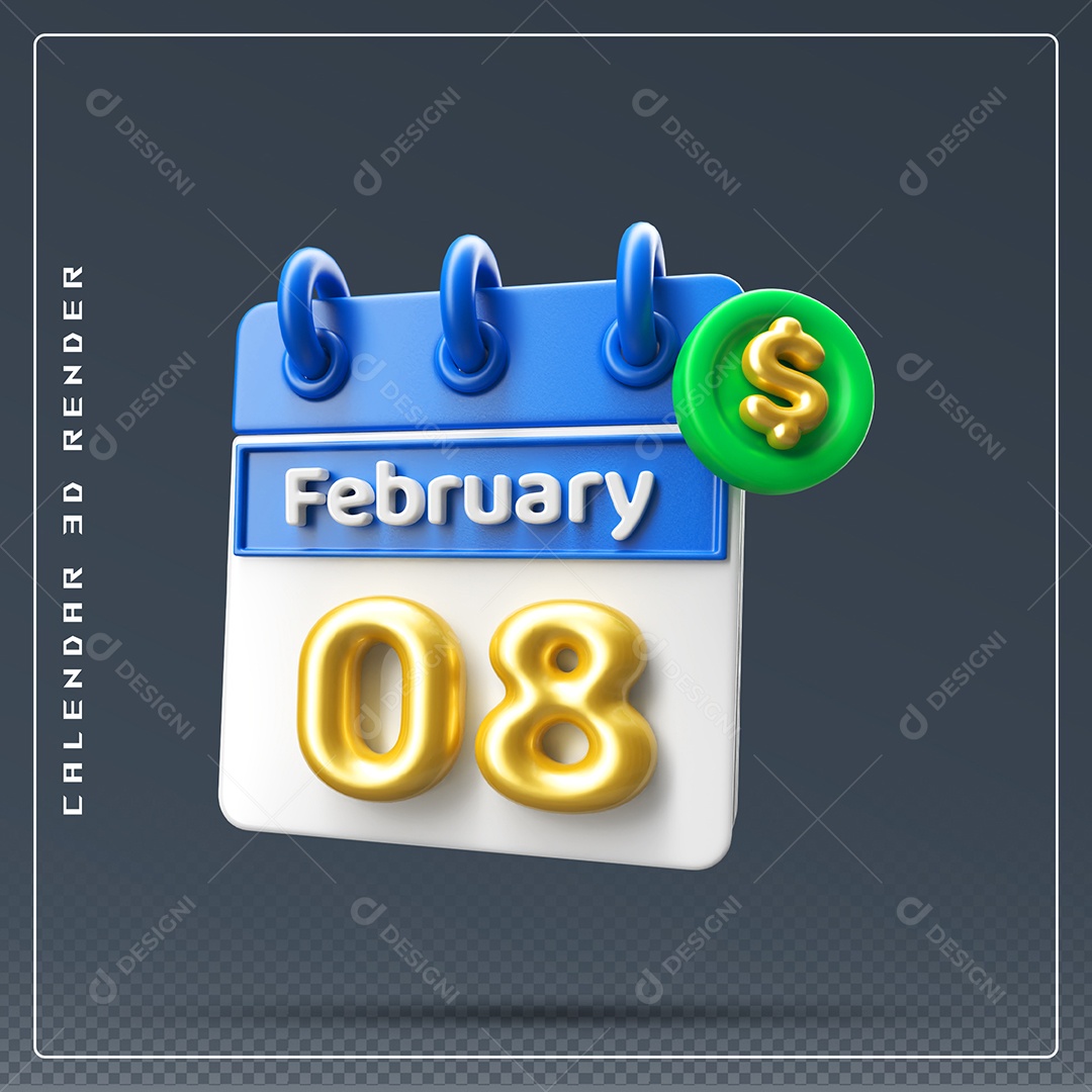 Calendário Do mês Fevereiro Dia 08 Elemento 3D Azul Dourado E Branco Para Composição PSD
