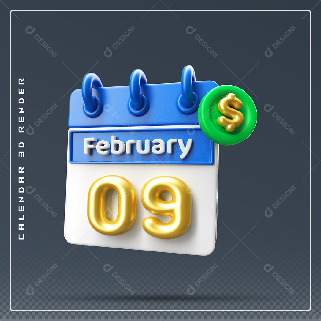 Calendário Do mês Fevereiro Dia 09 Elemento 3D Azul Dourado E Branco Para Composição PSD