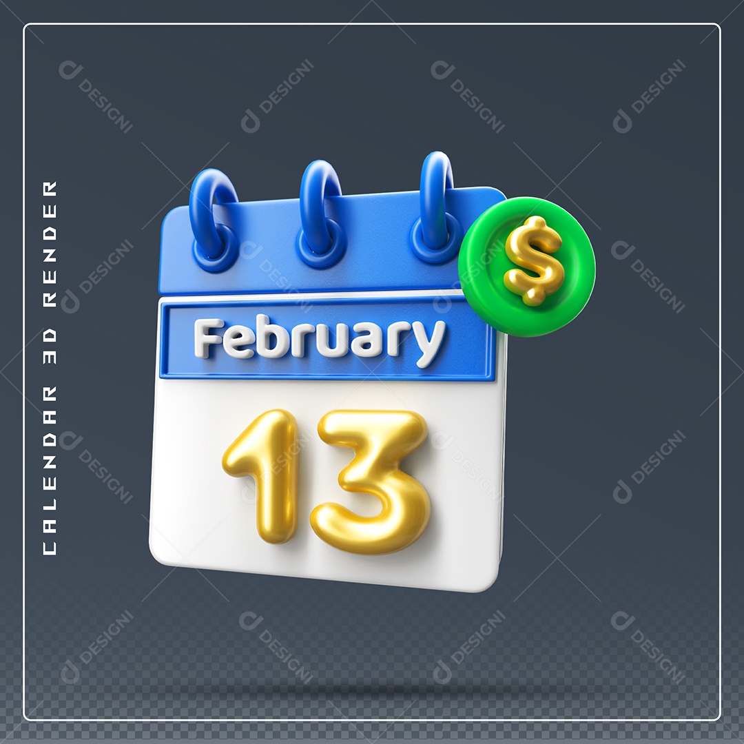 Calendário Do mês Fevereiro Dia 13 Elemento 3D Azul Dourado E Branco Para Composição PSD