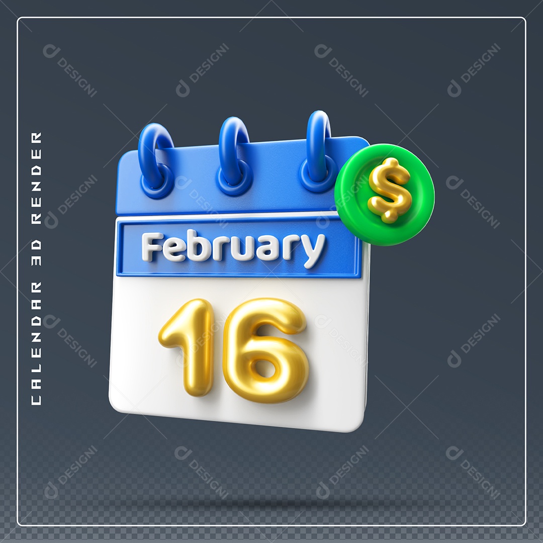 Calendário Do mês Fevereiro Dia 16 Elemento 3D Azul Dourado E Branco Para Composição PSD