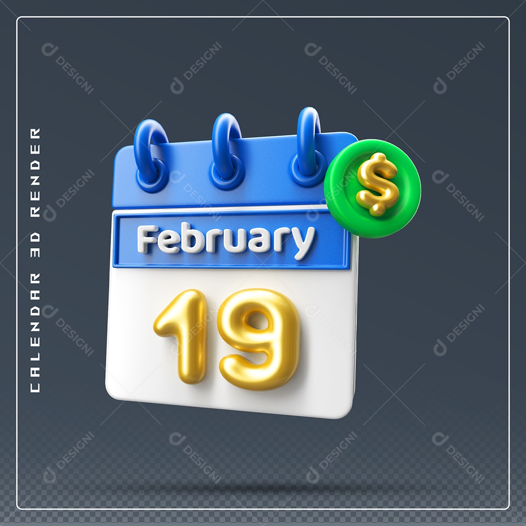 Calendário Do mês Fevereiro Dia 19 Elemento 3D Azul Dourado E Branco Para Composição PSD