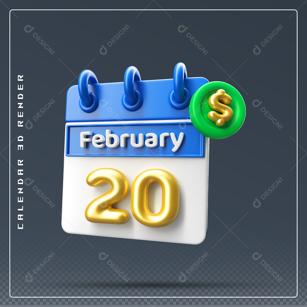 Calendário Do mês Fevereiro Dia 20 Elemento 3D Azul Dourado E Branco Para Composição PSD
