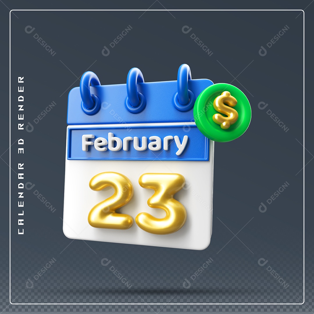 Calendário Do mês Fevereiro Dia 23 Elemento 3D Azul Dourado E Branco Para Composição PSD