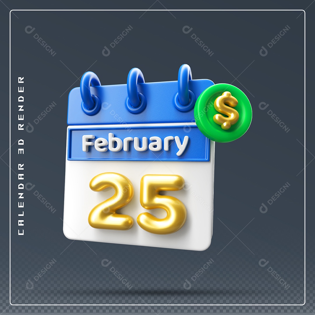 Calendário Do mês Fevereiro Dia 25 Elemento 3D Azul Dourado E Branco Para Composição PSD