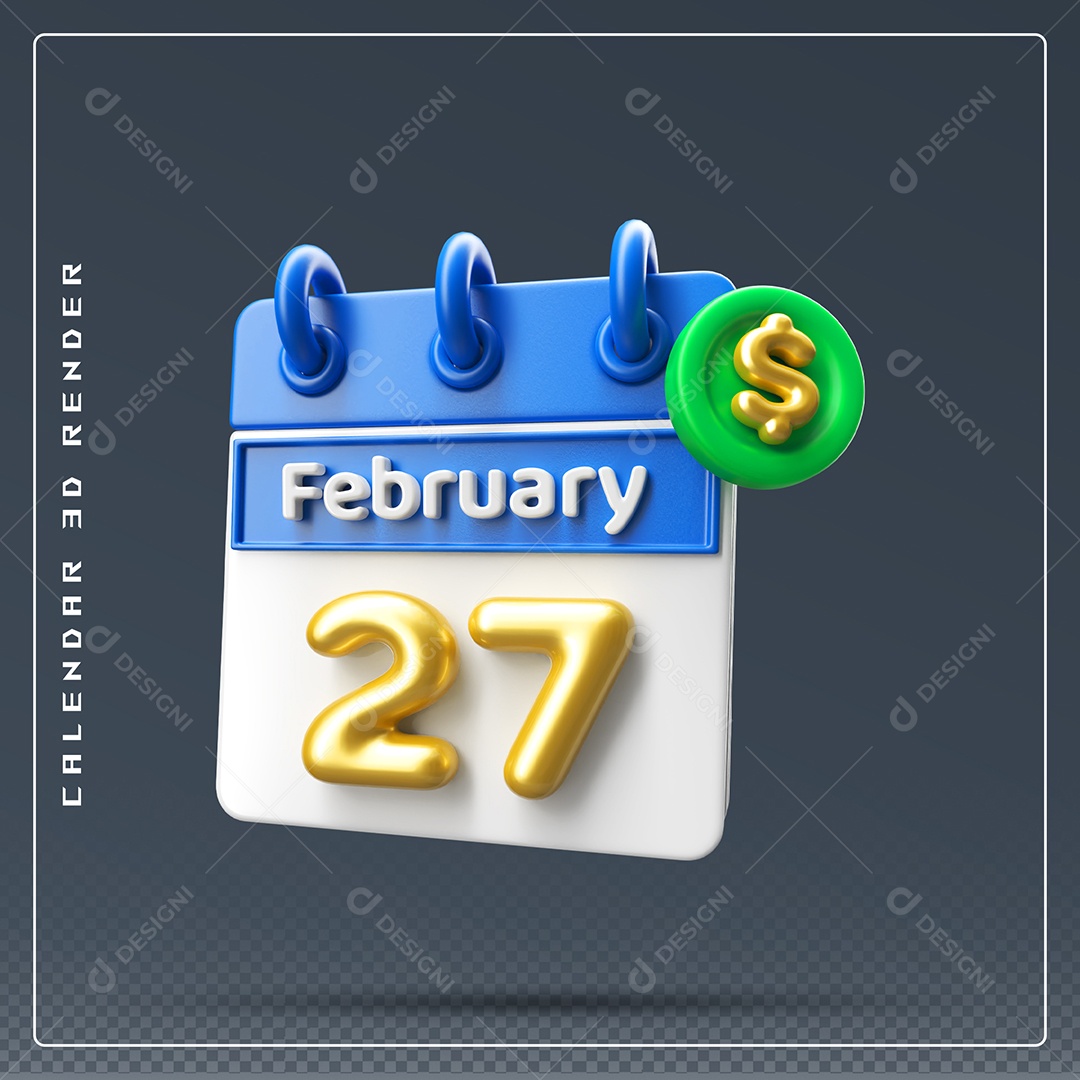 Calendário Do mês Fevereiro Dia 27 Elemento 3D Azul Dourado E Branco Para Composição PSD