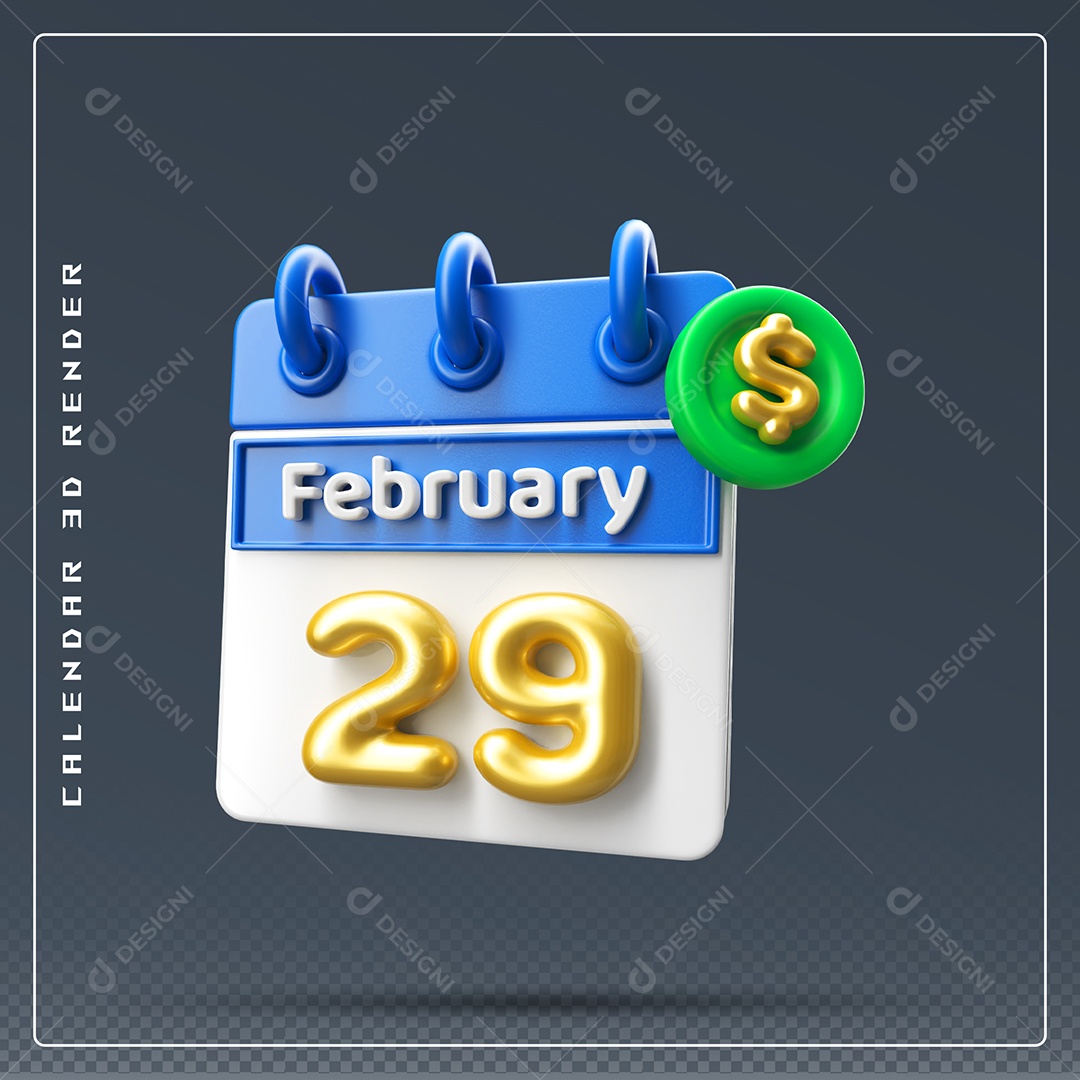 Calendário Do mês Fevereiro Dia 29 Elemento 3D Azul Dourado E Branco Para Composição PSD