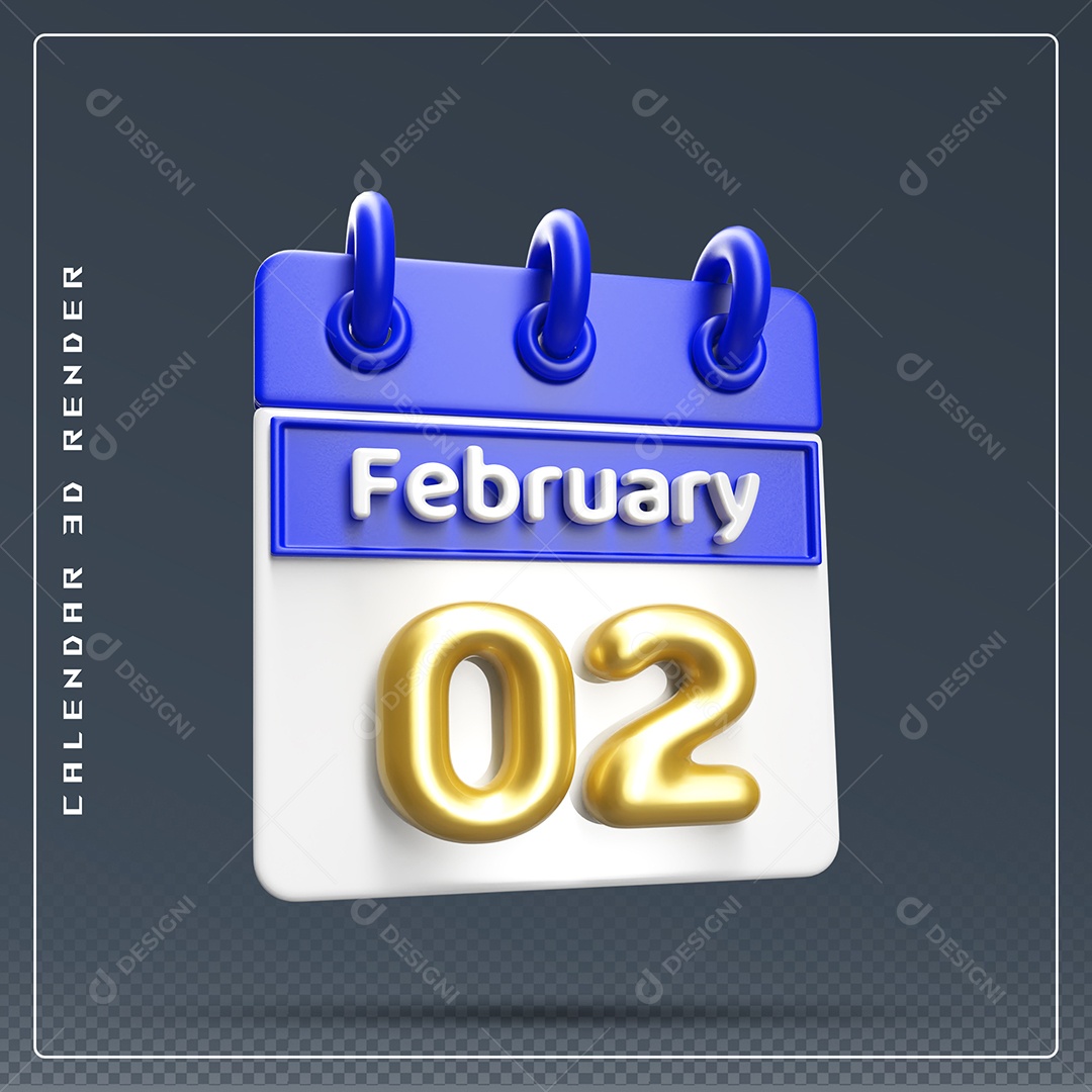 Calendário Do mês Fevereiro Dia 02 Elemento 3D Azul Dourado E Branco Para Composição PSD