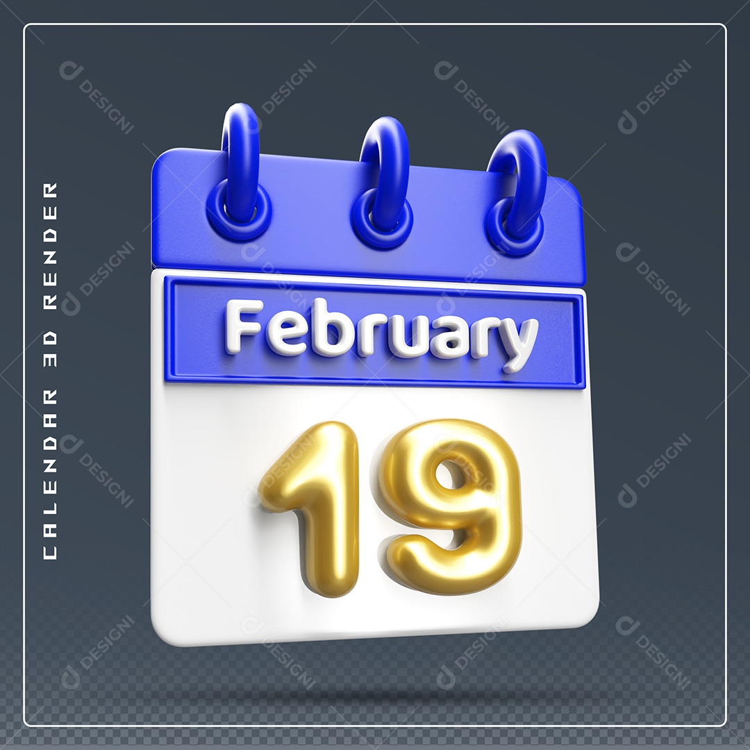 Calendário Do mês Fevereiro Dia 19 Elemento 3D Azul Dourado E Branco Para Composição PSD