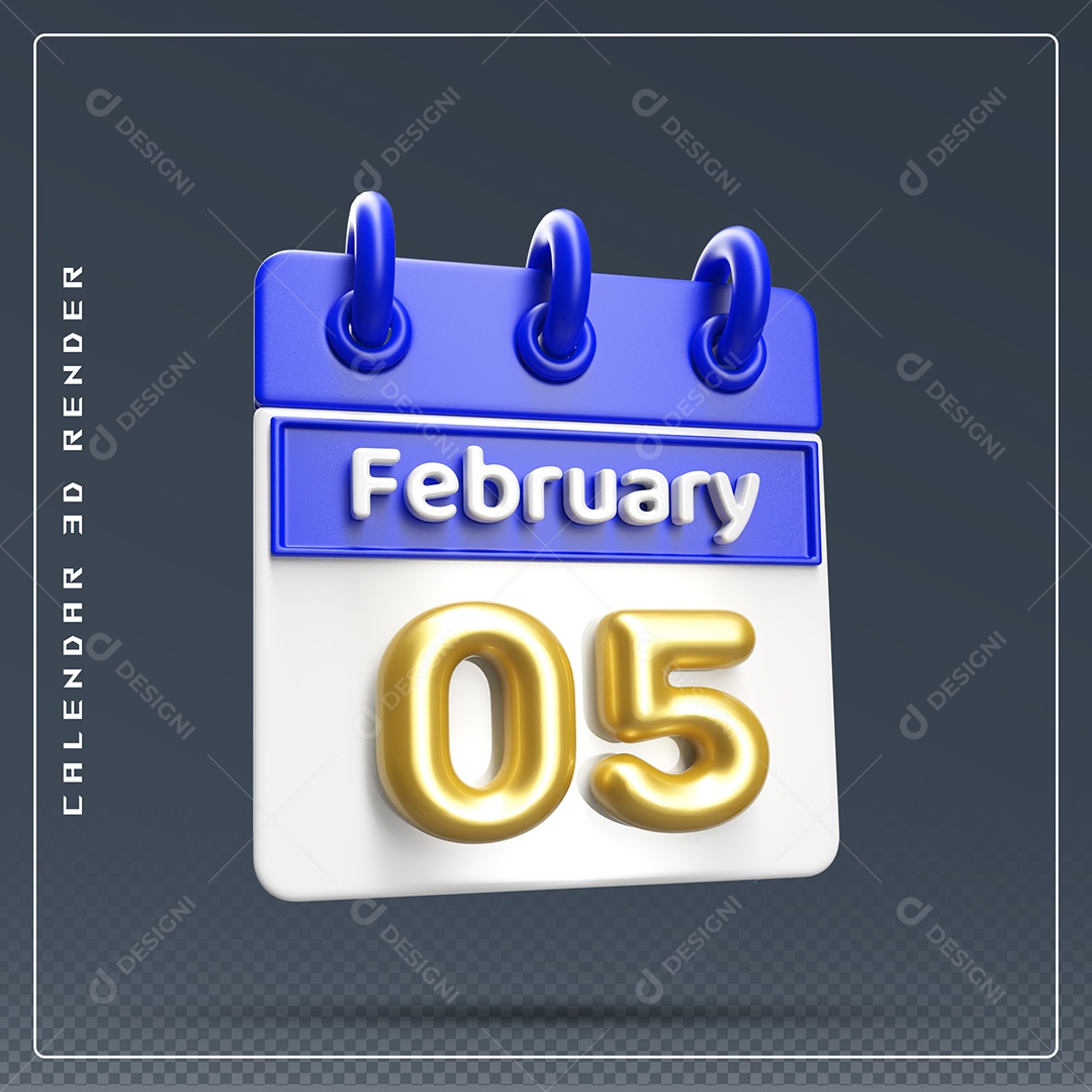 Calendário Do mês Fevereiro Dia 05 Elemento 3D Azul Dourado E Branco Para Composição PSD