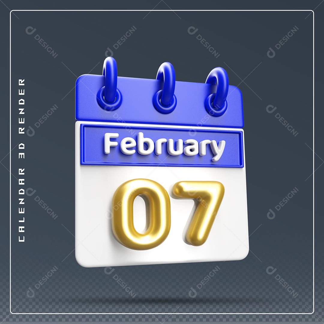 Calendário Do mês Fevereiro Dia 07 Elemento 3D Azul Dourado E Branco Para Composição PSD