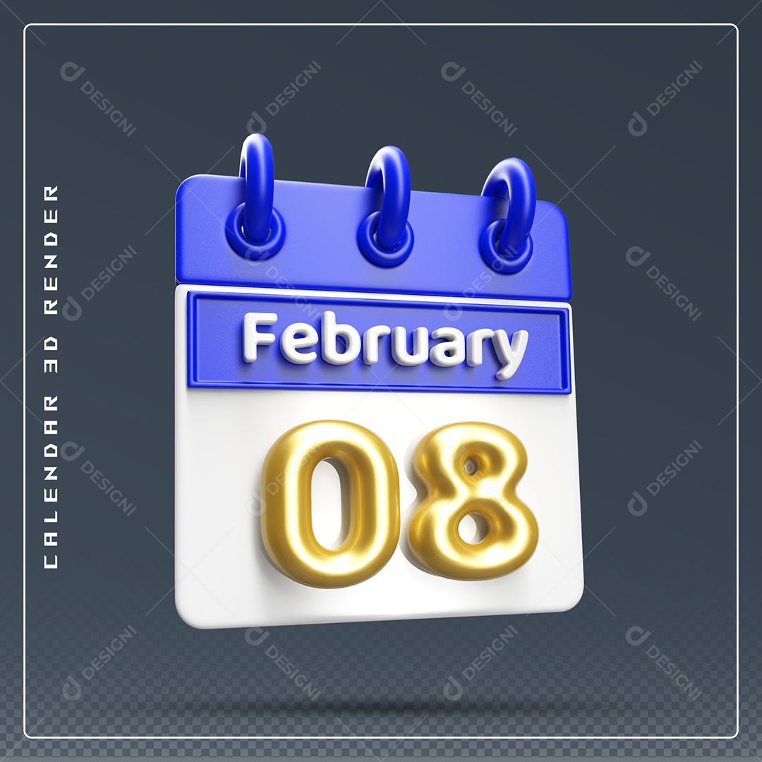 Calendário Do mês Fevereiro Dia 08 Elemento 3D Azul Dourado E Branco Para Composição PSD