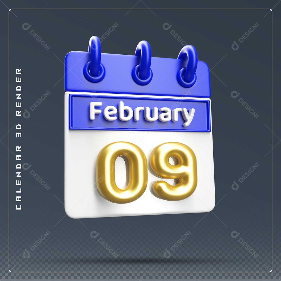 Calendário Do mês Fevereiro Dia 09 Elemento 3D Azul Dourado E Branco Para Composição PSD