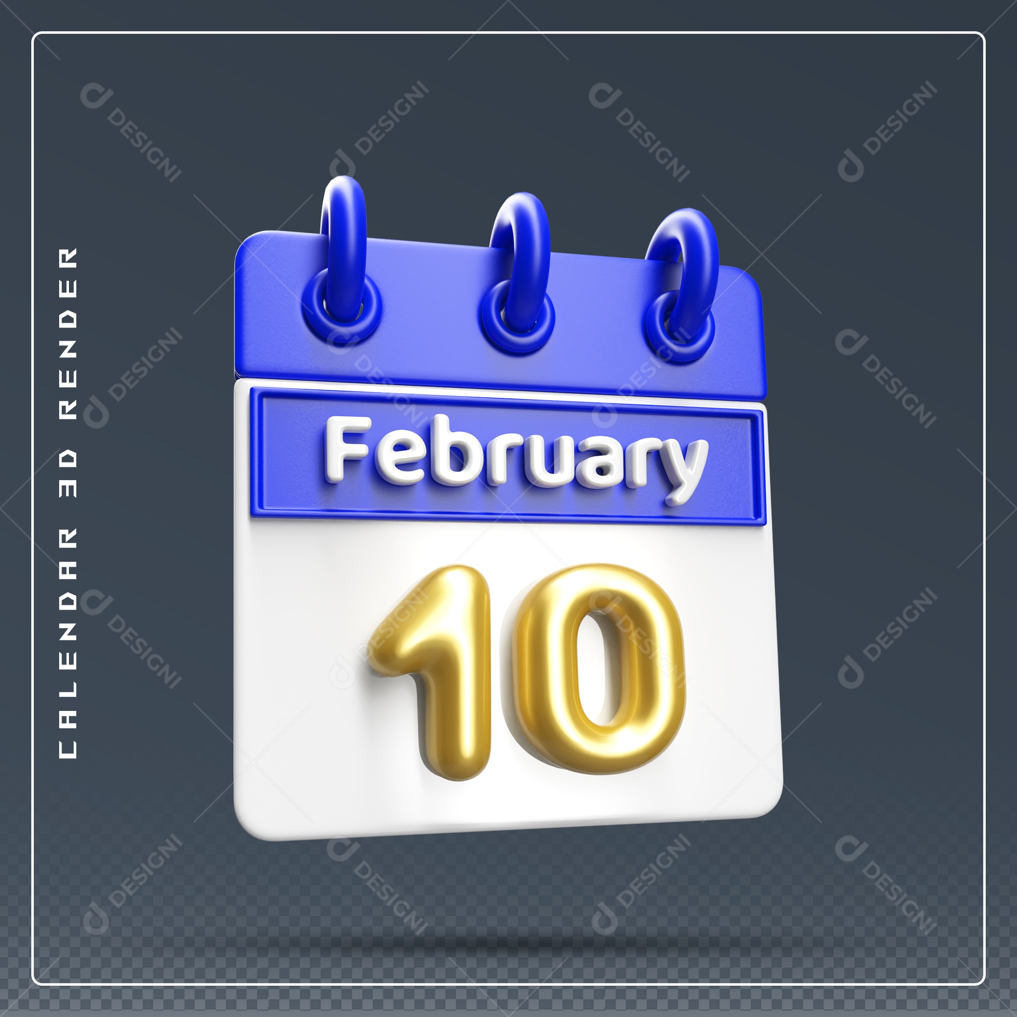Calendário Do mês Fevereiro Dia 10 Elemento 3D Azul Dourado E Branco Para Composição PSD
