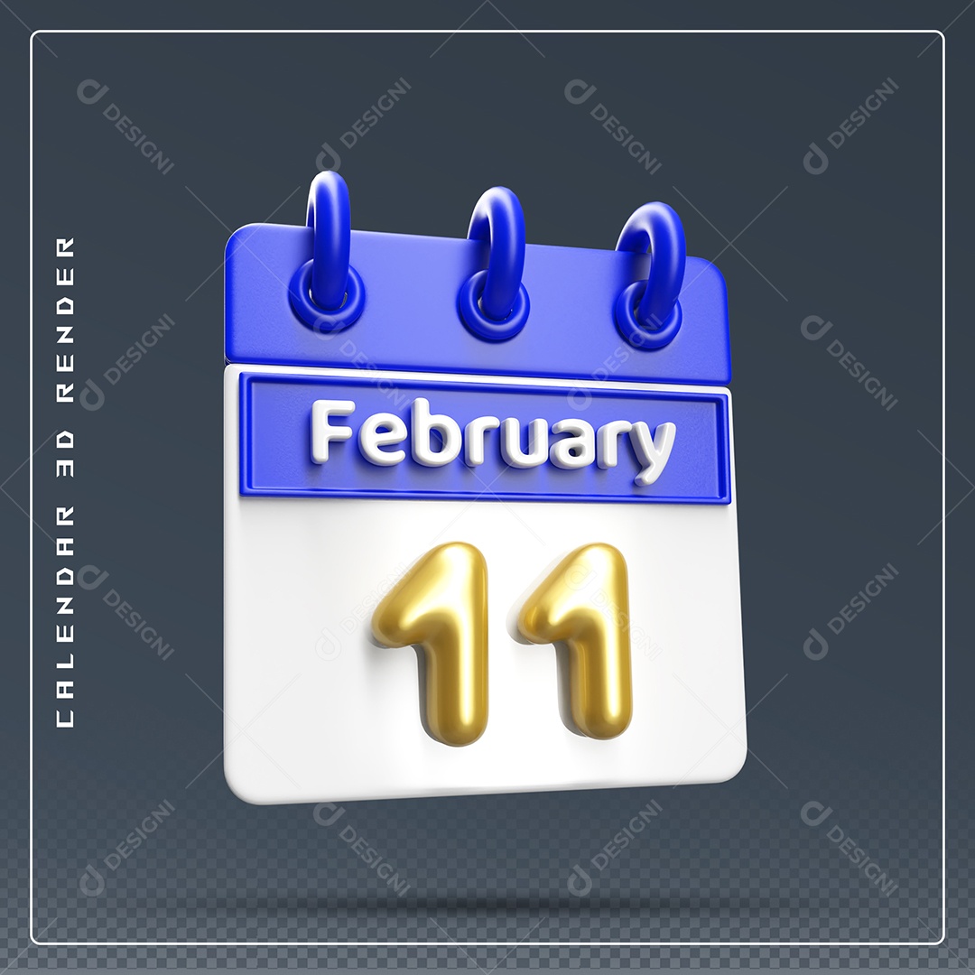 Calendário Do mês Fevereiro Dia 11 Elemento 3D Azul Dourado E Branco Para Composição PSD